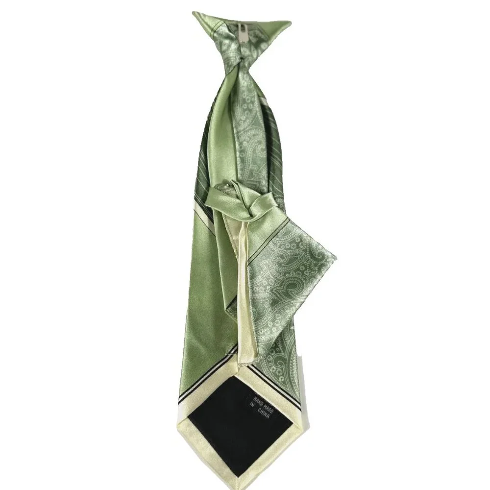 Boy's Clip-on Tie Hanky Green Cream 100% Polyester 2.75